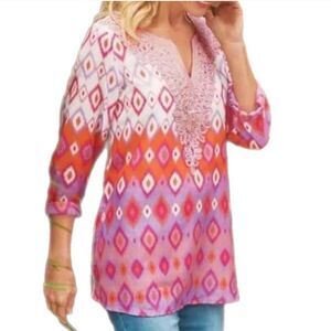Soft Surroundings Women's Large Cinnabar Ikat Tunic Pink Purple Embellished Top